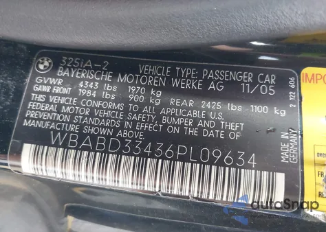 2006 BMW 325Ci from USA, damaged, VIN WBABD33436PL09634